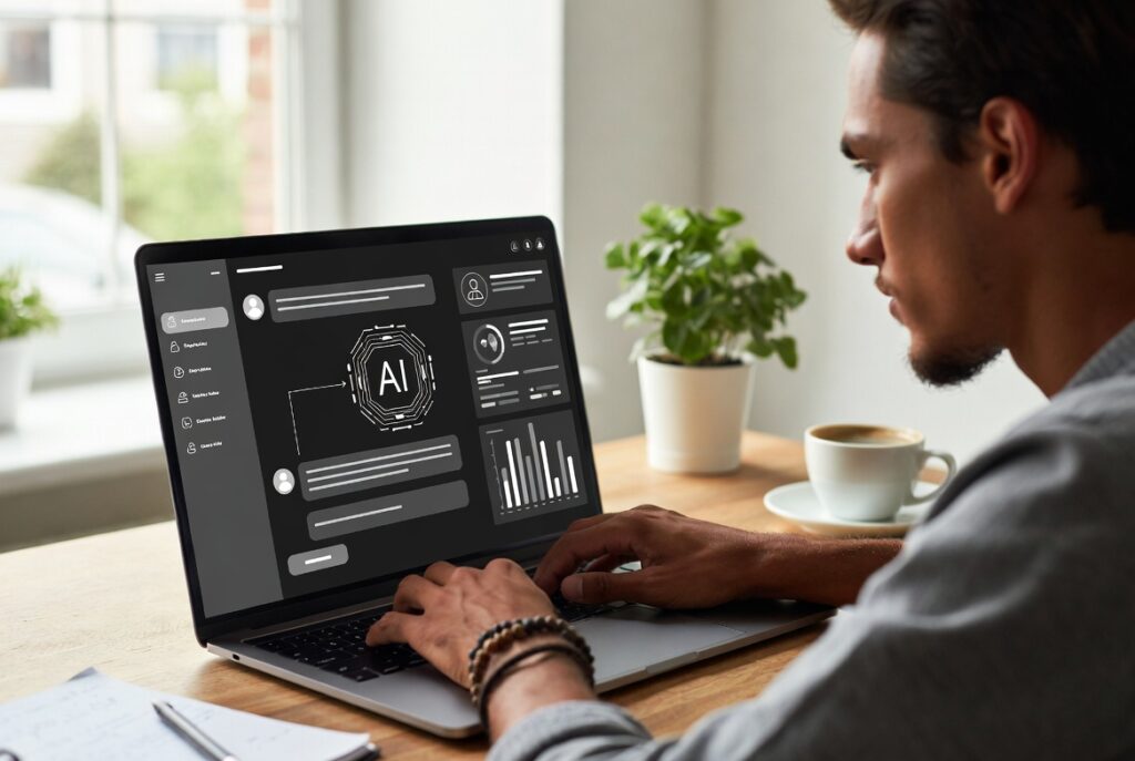 Emprendedora trabajando en laptop con interfaz de IA visible en pantalla